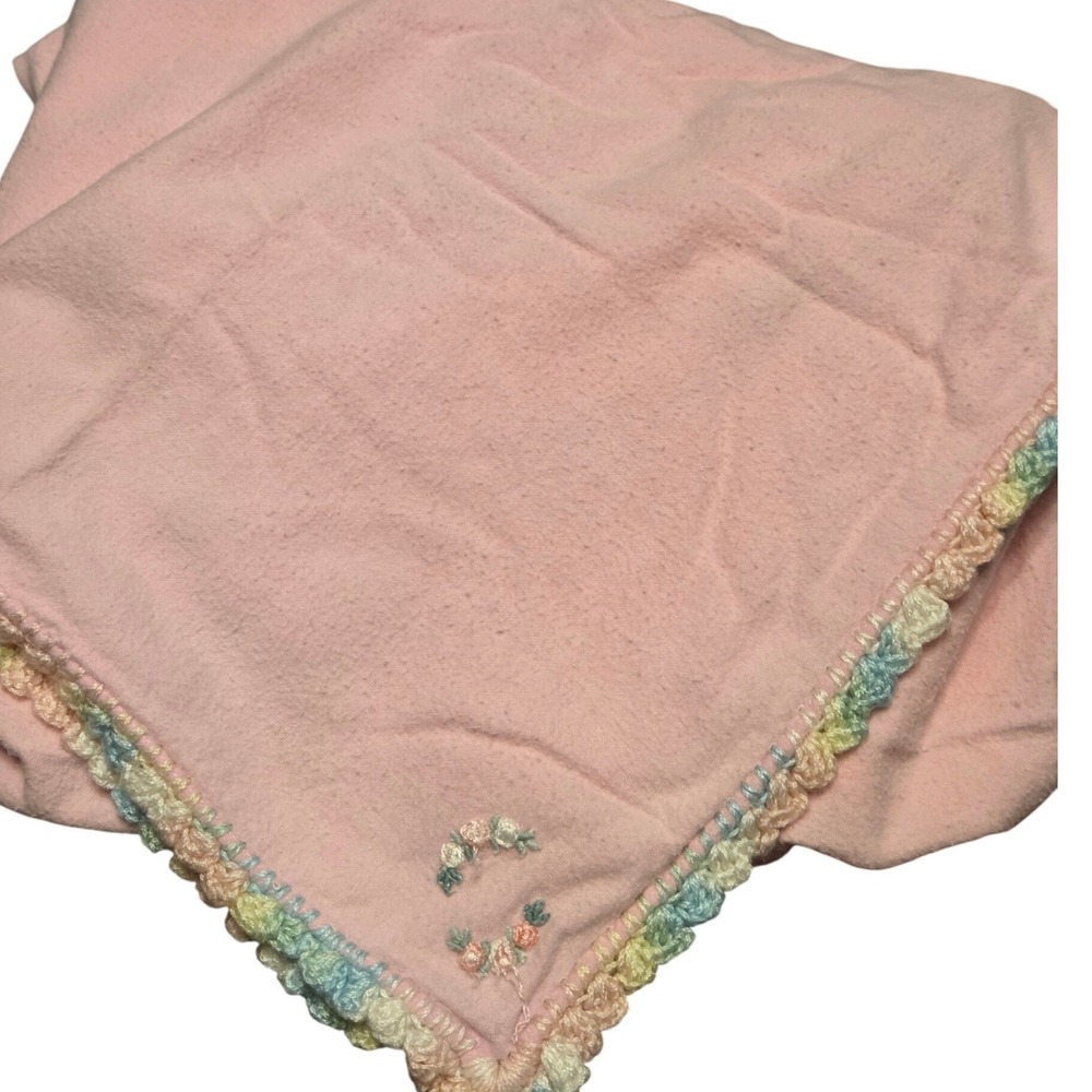 Handmade Baby Receiving Blanket 44x36 Pink Vintage 70s Trim Floral Embroidered